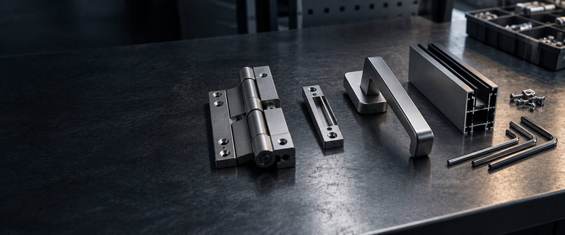 Okucia okienne, klamka i profil aluminiowy rozłożone na stole warsztatowym