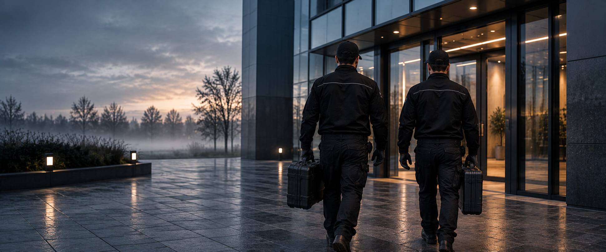 Dwaj serwisanci WDF CARE z walizkami narzędziowymi idą do obsługiwanego budynku o świcie