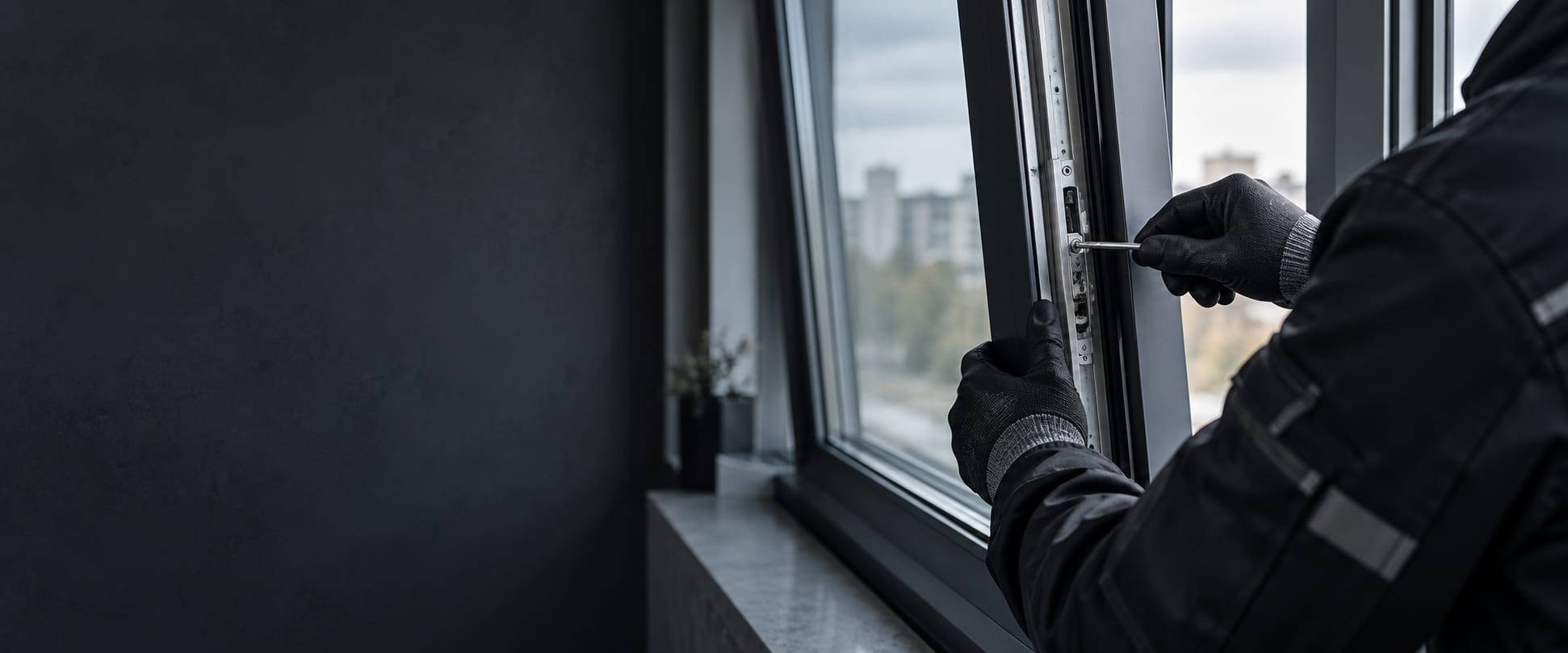 Serwisant w rękawicach reguluje okucie okna aluminiowego w mieszkaniu