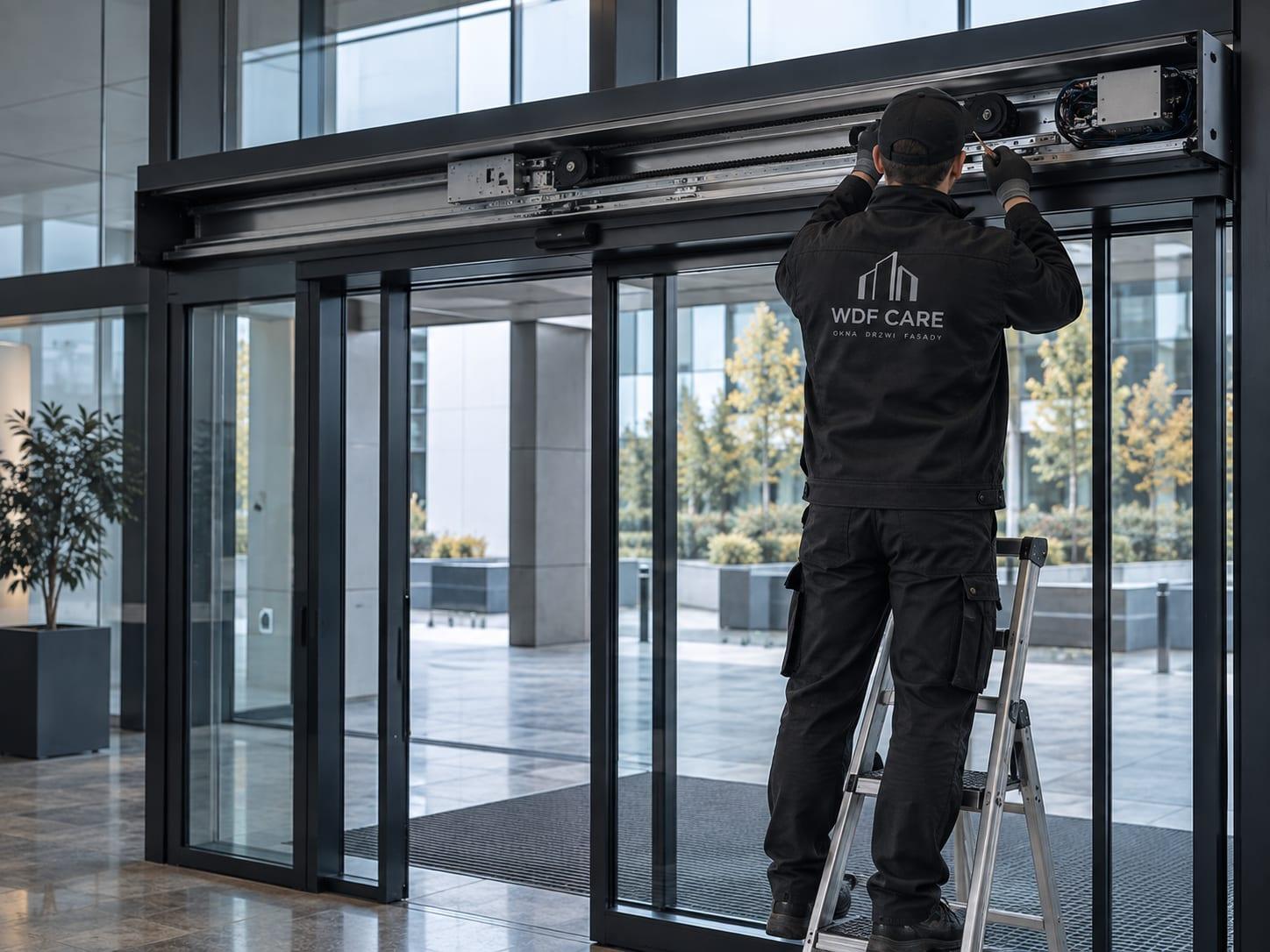 Technik serwisujący napęd automatycznych drzwi przesuwnych w wejściu do obiektu komercyjnego