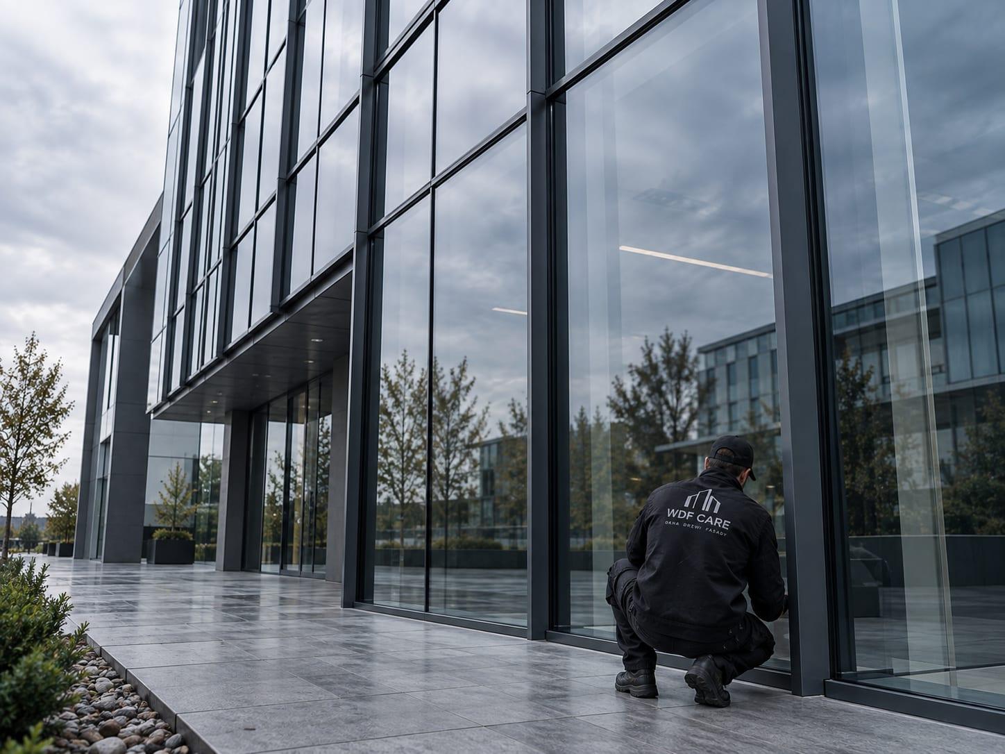 Przeszklona fasada słupowo-ryglowa biurowca podczas przeglądu technicznego