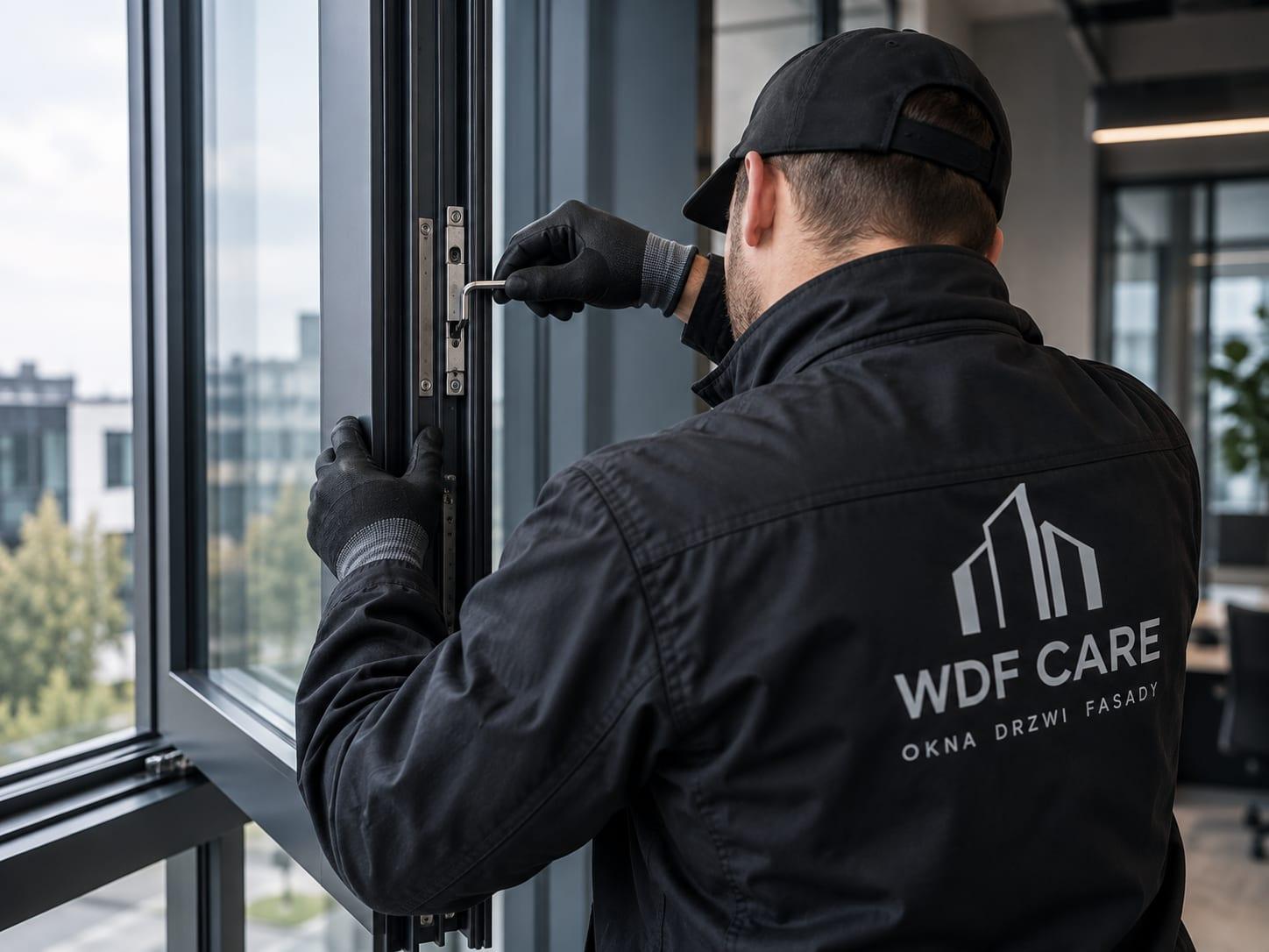 Serwisant WDF CARE regulujący okucia okna aluminiowego w budynku biurowym